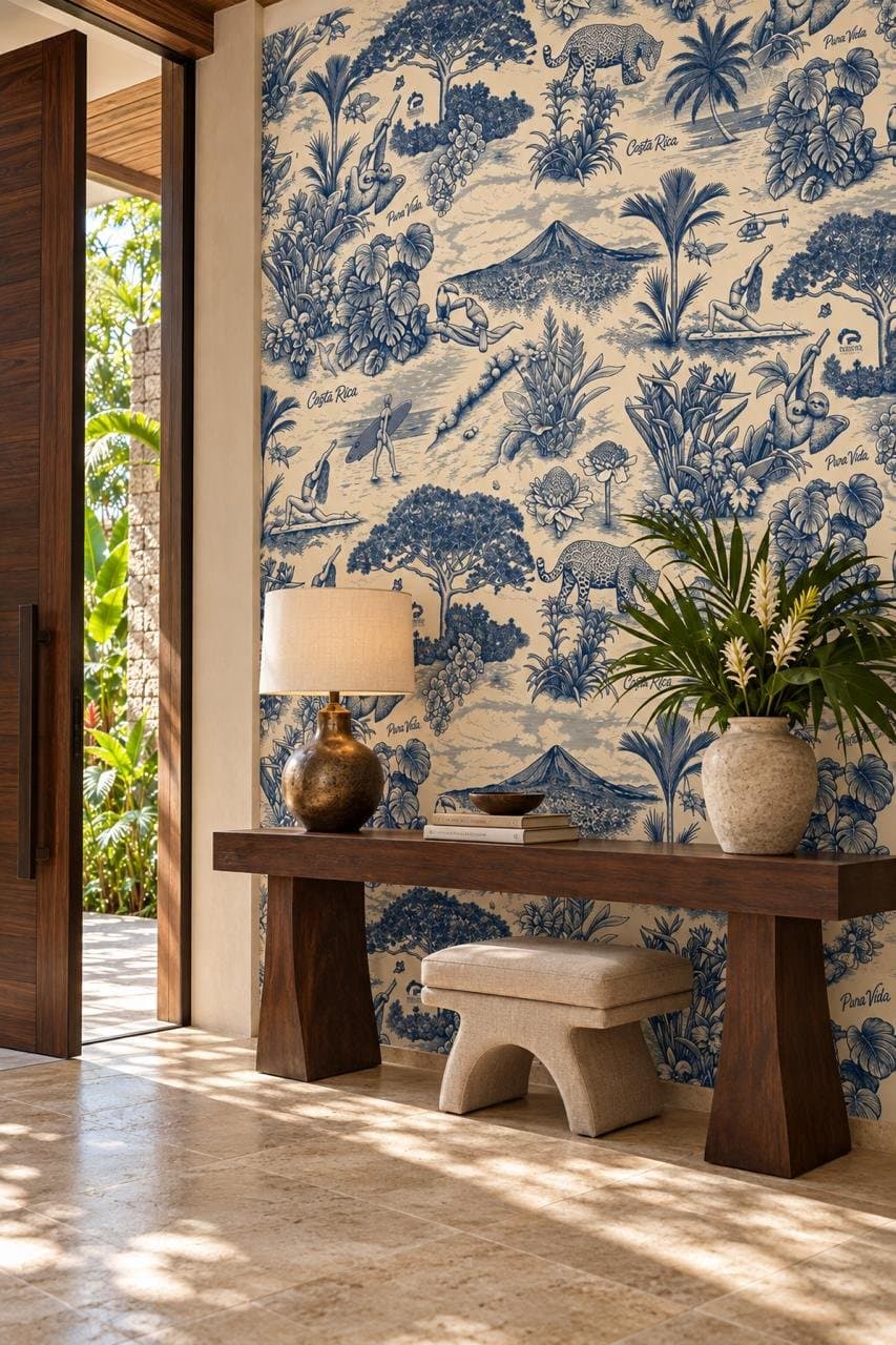 Sala con papel tapiz del estampado Selva Azul