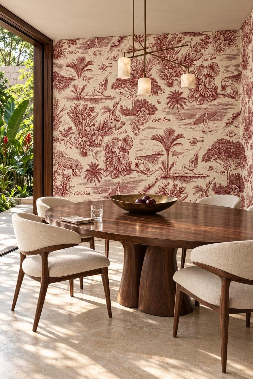 Comedor con papel tapiz del estampado Selva Roja